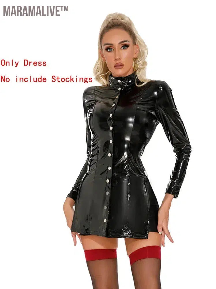 PU Faux Leather Women's Dress Shiny Oil Glossy Tight OL Dress Female Elastic High Cut Long Sleeve Sexy Showgirls Costume Dress