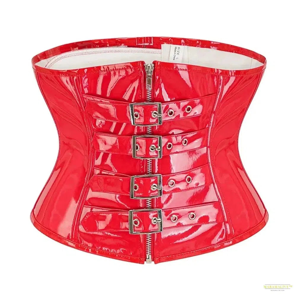 PU Leather Corset Top Women Shiny PVC Steampunk Corsets and Bustiers Gothic Black Red Underbust Waist Cincher Corselet