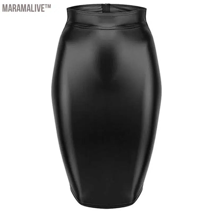 PU Leather Skirt up Zipper Bandage Bodycon Faux Leather 2021 Back Lace Womens Ladies Knee Length Wet Look Plus Size Black Style