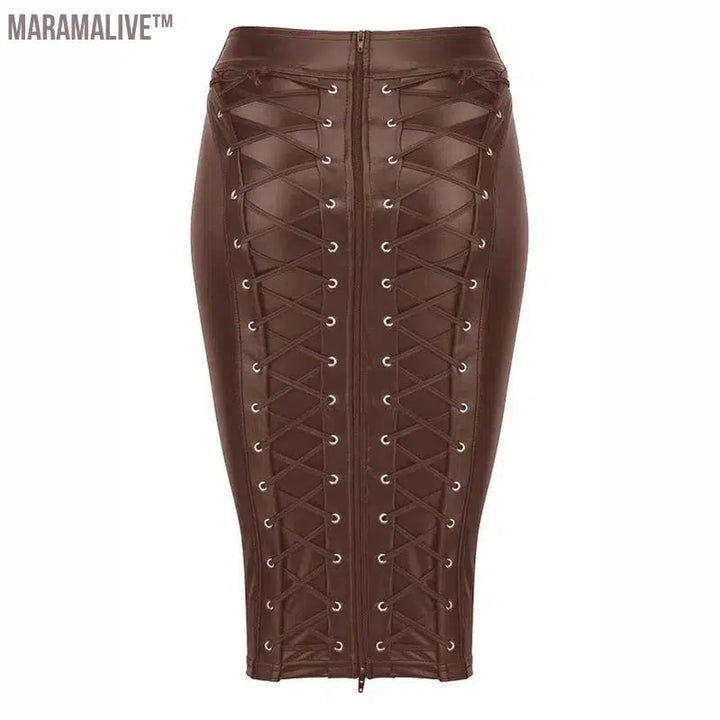 PU Leather Skirt up Zipper Bandage Bodycon Faux Leather 2021 Back Lace Womens Ladies Knee Length Wet Look Plus Size Black Style