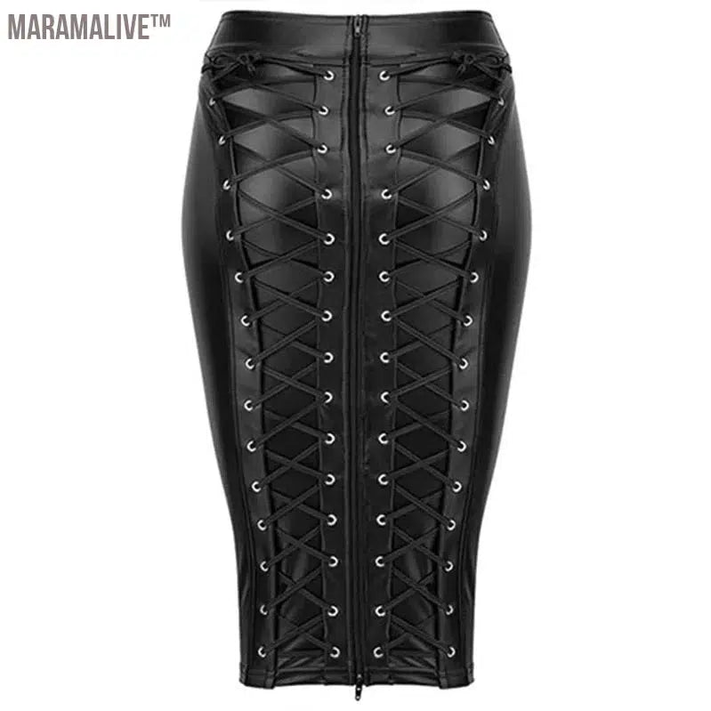 PU Leather Skirt up Zipper Bandage Bodycon Faux Leather 2021 Back Lace Womens Ladies Knee Length Wet Look Plus Size Black Style