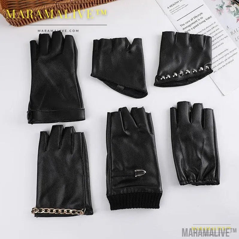 PU Leather Steampunk Style Women's Half-finger Gloves Creative Gothic Party Cosplay