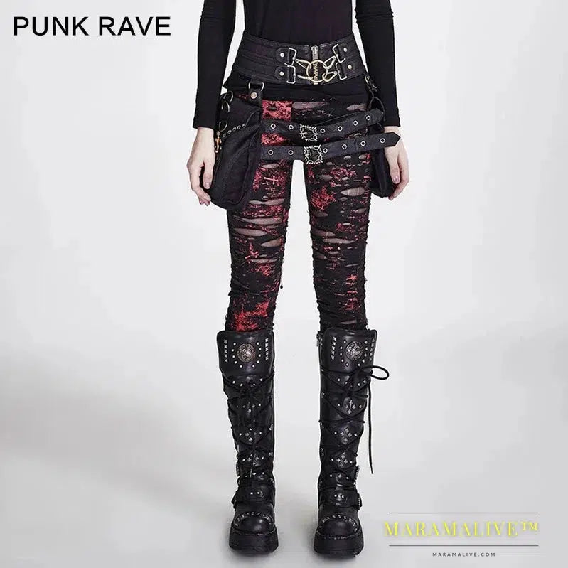 PUNK RAVE Gothic Women Broken Mesh Leggings High Elastic Holes Crocheted Breathable Ripped Pants Black Red Steampunk Charm Sexy