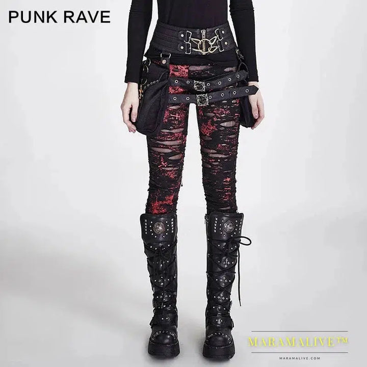 PUNK RAVE Gothic Women Broken Mesh Leggings High Elastic Holes Crocheted Breathable Ripped Pants Black Red Steampunk Charm Sexy