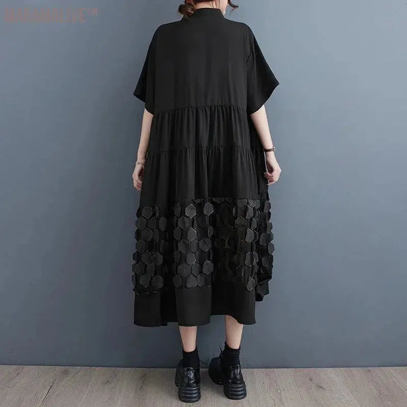 Patchwork Honeycomb Black Half Buttoned Tiered Loose Casual Women Midi Shirt Dresses Stand Collor Spring Autumn