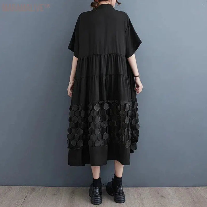 Patchwork Honeycomb Black Half Buttoned Tiered Loose Casual Women Midi Shirt Dresses Stand Collor Spring Autumn