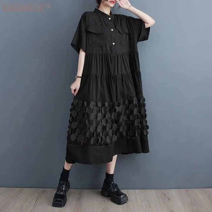 Patchwork Honeycomb Black Half Buttoned Tiered Loose Casual Women Midi Shirt Dresses Stand Collor Spring Autumn