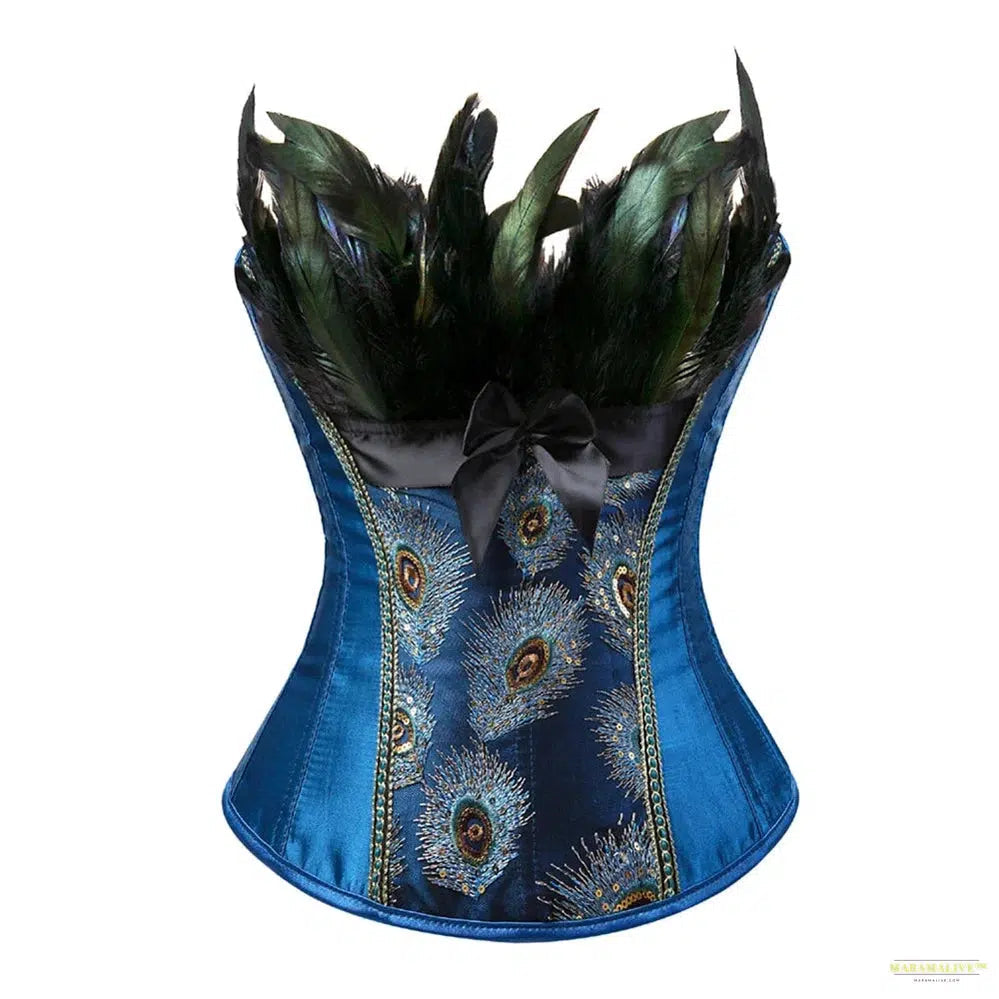 Peacock Costume Cosplay Corset Top for Women Blue Embroidery Peacock Feather Corset lingerie Sexy Overbust Corset With Skirt