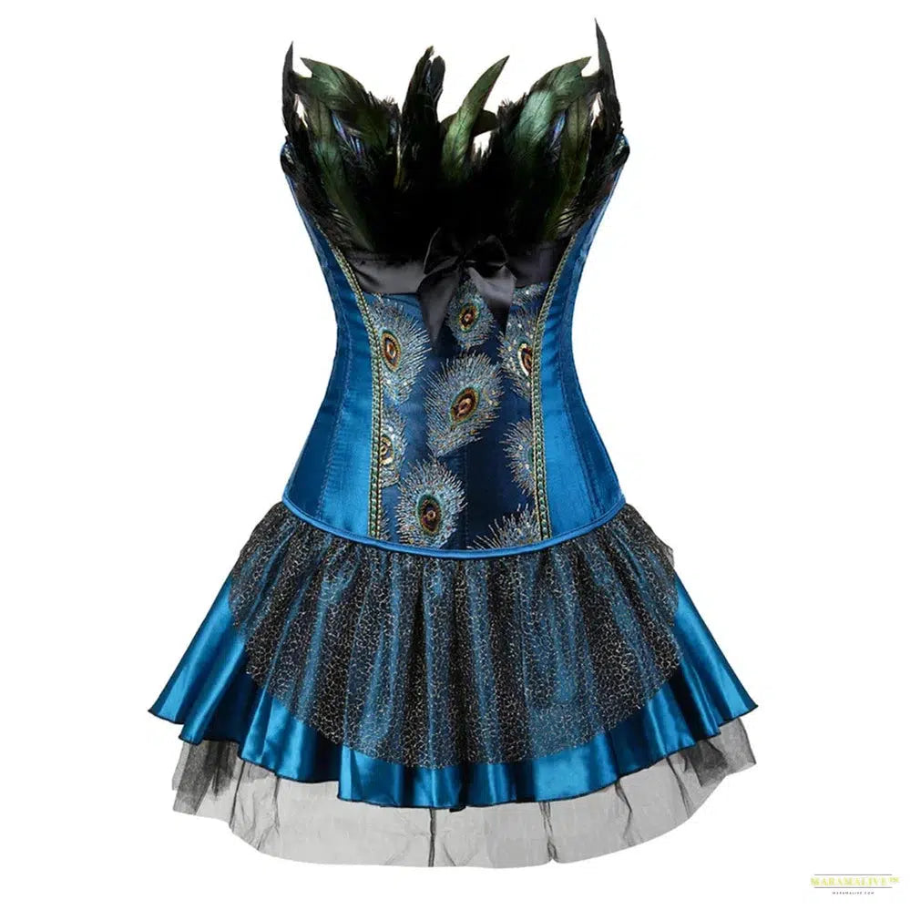 Peacock Costume Cosplay Corset Top for Women Blue Embroidery Peacock Feather Corset lingerie Sexy Overbust Corset With Skirt