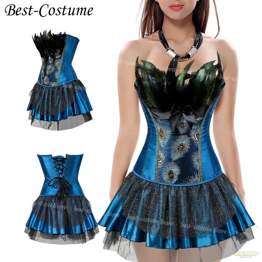 Peacock Costume Cosplay Corset Top for Women Blue Embroidery Peacock Feather Corset lingerie Sexy Overbust Corset With Skirt