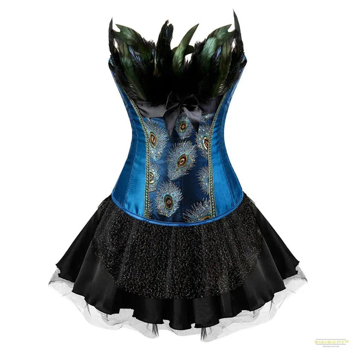 Peacock Costume Cosplay Corset Top for Women Blue Embroidery Peacock Feather Corset lingerie Sexy Overbust Corset With Skirt