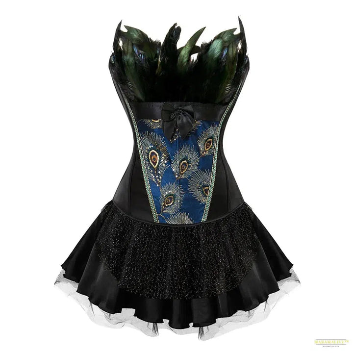 Peacock Costume Cosplay Corset Top for Women Blue Embroidery Peacock Feather Corset lingerie Sexy Overbust Corset With Skirt