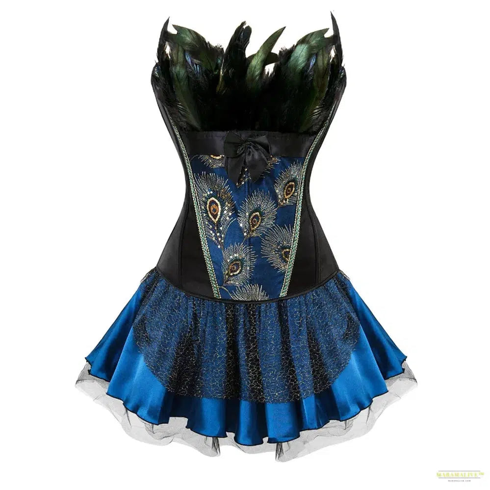 Peacock Costume Cosplay Corset Top for Women Blue Embroidery Peacock Feather Corset lingerie Sexy Overbust Corset With Skirt