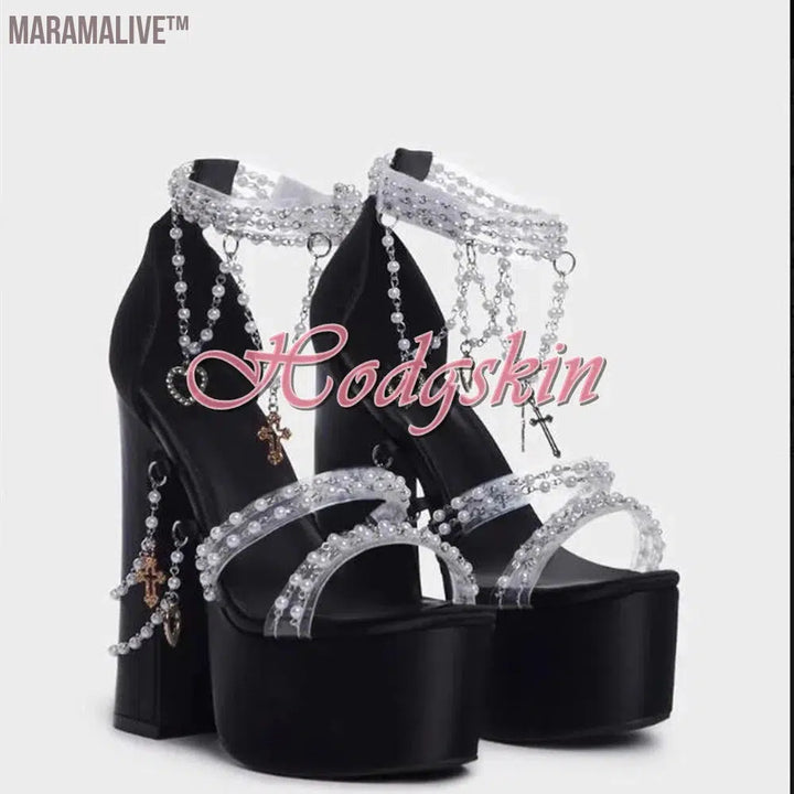 Pearl Chain Crystal Platform Chunky High Heels Solid Sexy Style Sandals