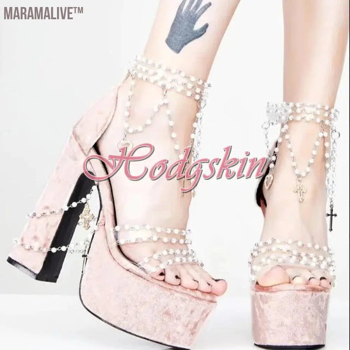 Pearl Chain Crystal Platform Chunky High Heels Solid Sexy Style Sandals