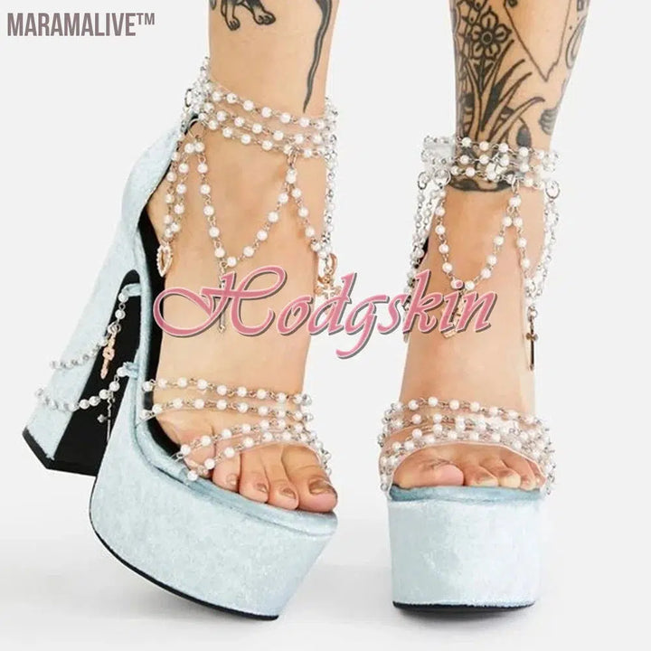 Pearl Chain Crystal Platform Chunky High Heels Solid Sexy Style Sandals