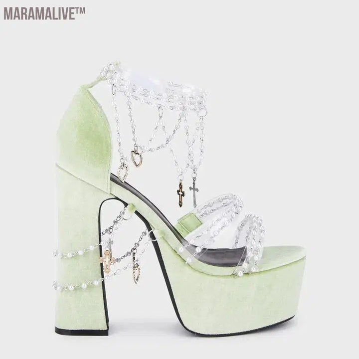 Pearl Chain Crystal Platform Chunky High Heels Solid Sexy Style Sandals