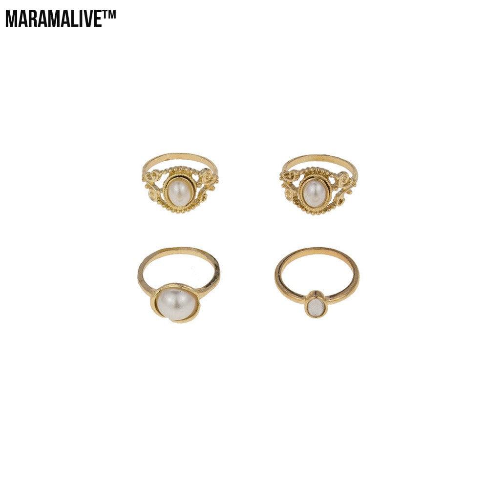 Pearl Ring Set Four-Piece Metal Ring Women