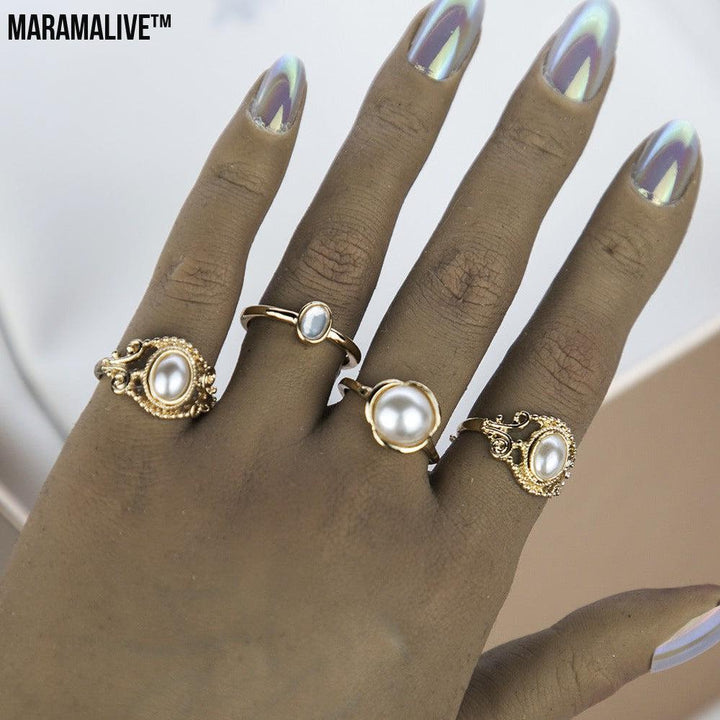 Pearl Ring Set Four-Piece Metal Ring Women