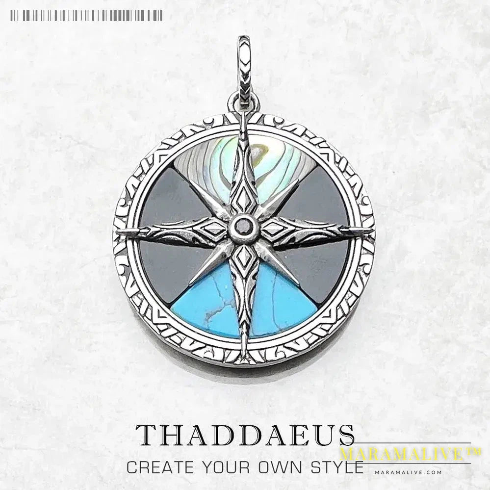 Pendant Compass Large Spring Personal Lucky Charm Turquoise Jewelry Europe Bijoux 925 Sterling Silver Gift For Woman Men