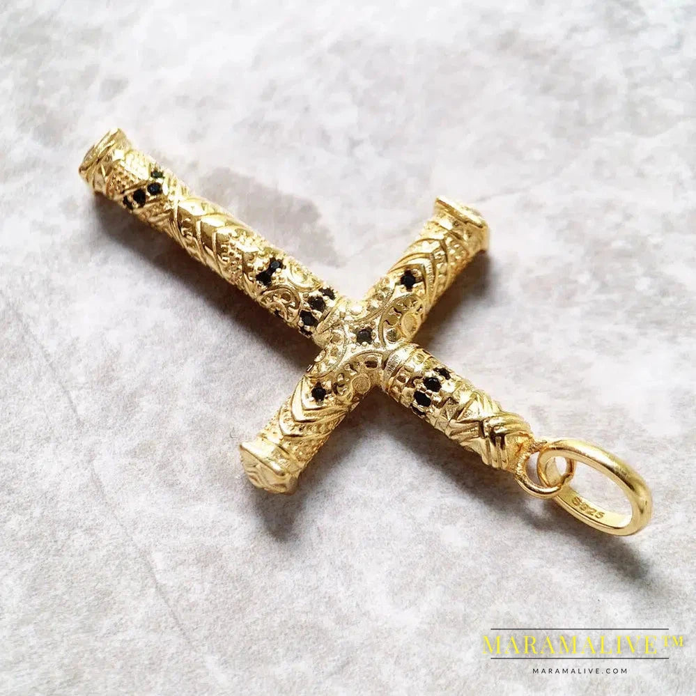 Pendant Elaborate Design Cross Golden New Fine Jewelry Ethnic Pure 925 Sterling Silver Gift For Woman & Men