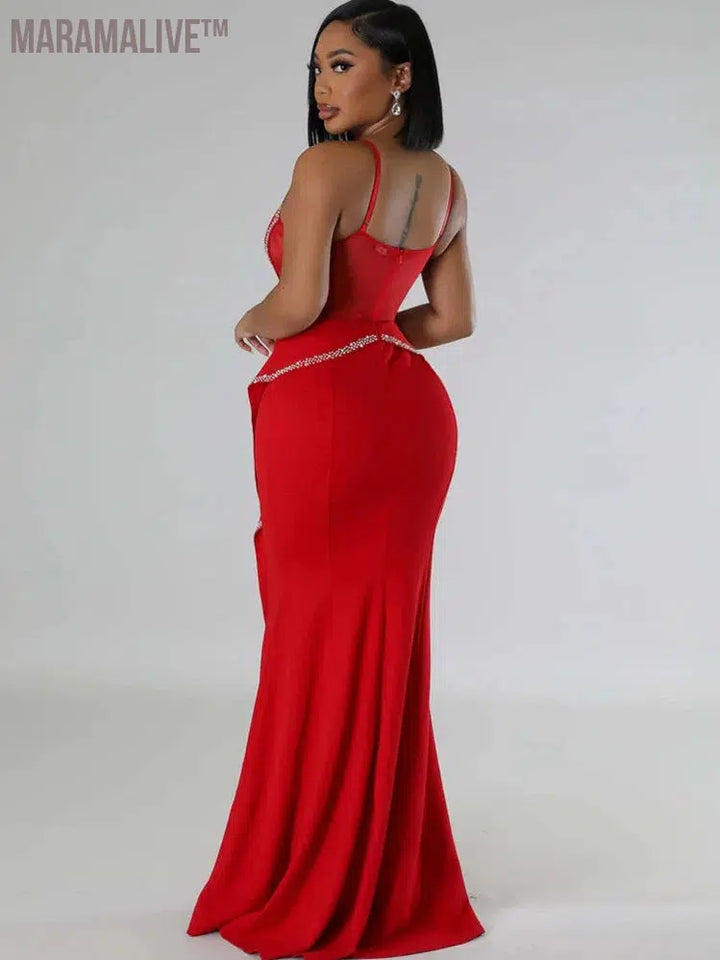 Perfect Red Rhinestones Long One-Piece Dress Gown Elegant Sleeveless Crystal Night Out Party Dress Celebrities Outfits