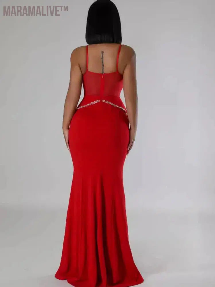 Perfect Red Rhinestones Long One-Piece Dress Gown Elegant Sleeveless Crystal Night Out Party Dress Celebrities Outfits