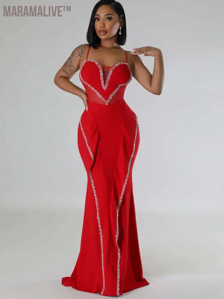 Perfect Red Rhinestones Long One-Piece Dress Gown Elegant Sleeveless Crystal Night Out Party Dress Celebrities Outfits