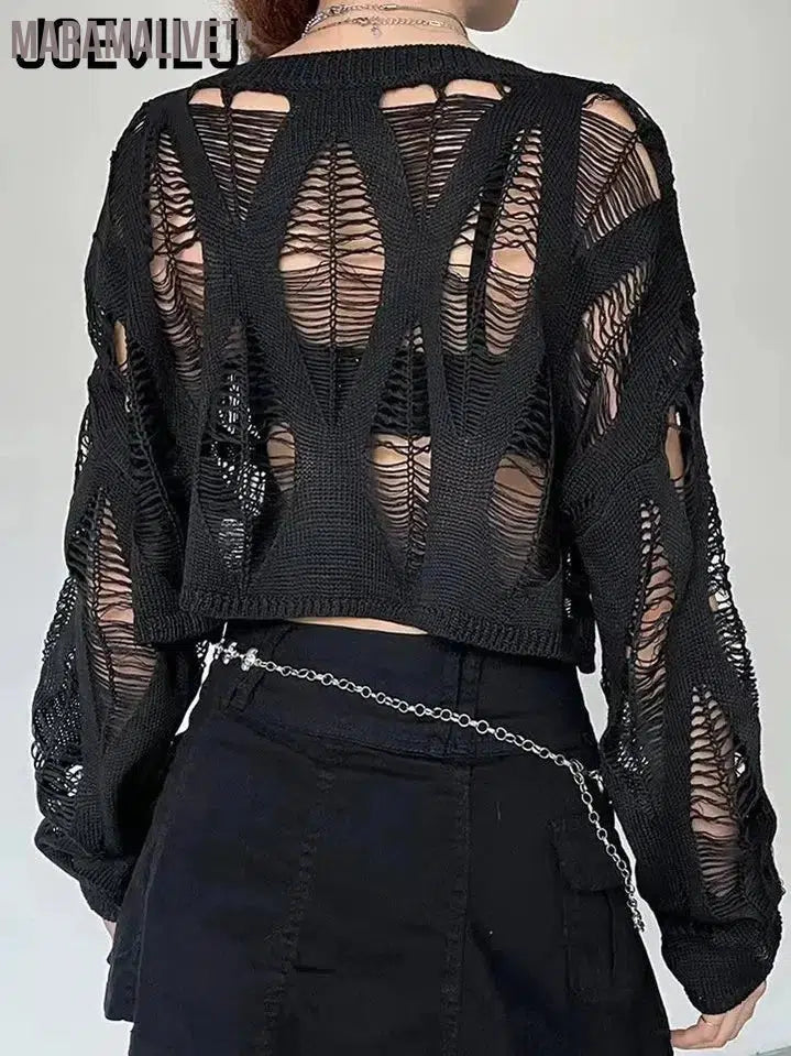 Perforated Hollow Out Knitted Blouse Sunscreen Long Sleeve Top Gothic Dark Black Sexy Thin Sweater Women's Summer Chic Crop Tops