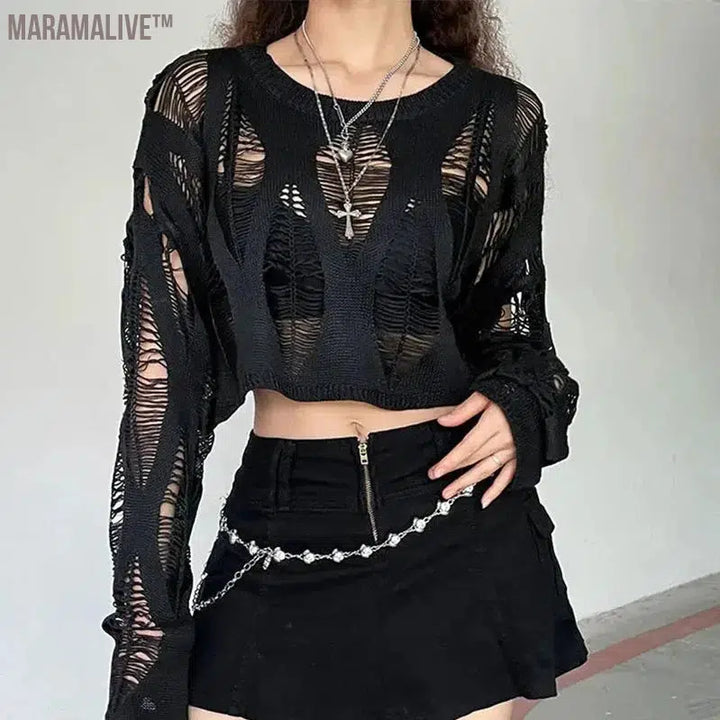 Perforated Hollow Out Knitted Blouse Sunscreen Long Sleeve Top Gothic Dark Black Sexy Thin Sweater Women's Summer Chic Crop Tops