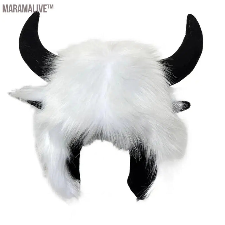 Personality Winter Cap Funny Big Cow Horn Hat Thick Warm Faux Fur Ear Protection Thunderbolt Cap Windproof Women Men Cap Hat