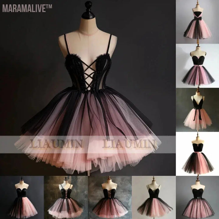 Pink And Black Tulle Short Length Evening Dress Formal Party Prom Princess Homecoming Skirt Hand Made Custom