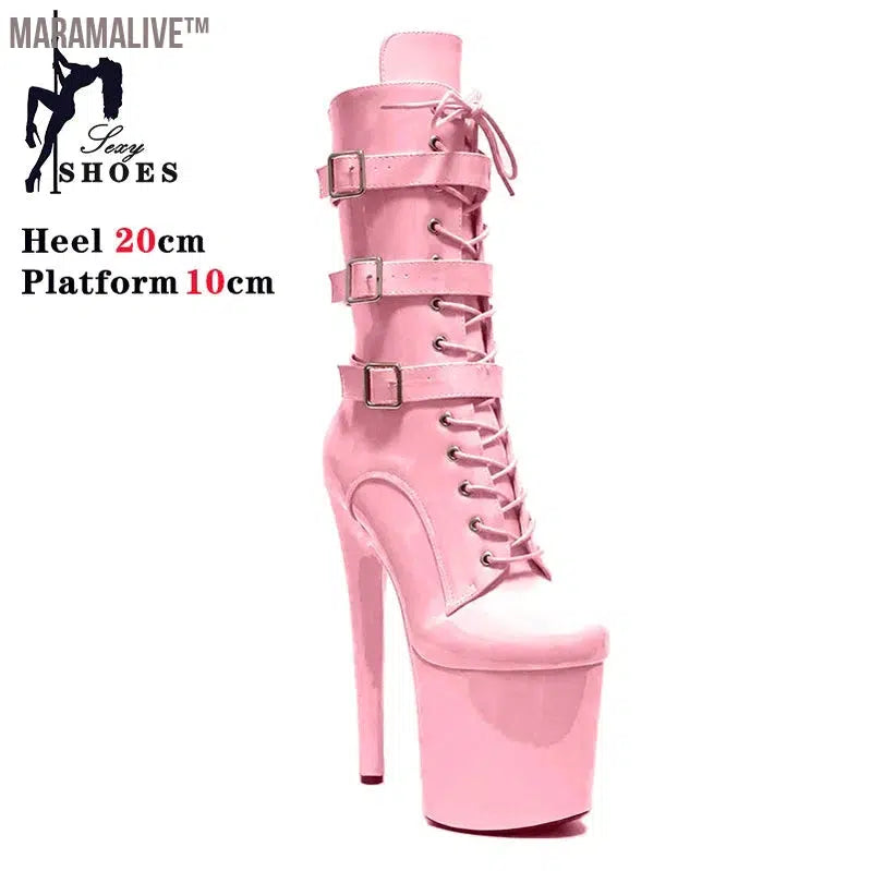 Pink Fashionable Women's Ankle Boots with Round Toe Side Zip Short Boots for Pole Dance Platform Heels Three Belt Buckle