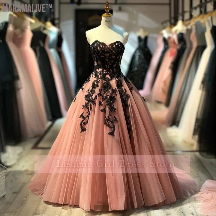 Pink Tulle And Black Applique Strapless Full Length Lace Up Back Formal Prom Evening Dress Brithday Homecoming Clothing W9-10