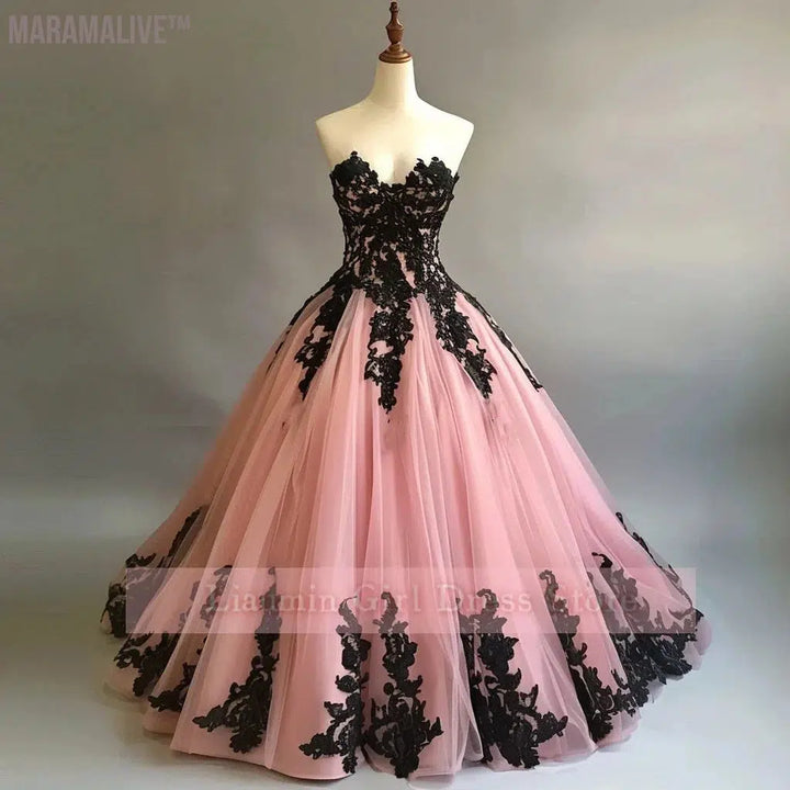 Pink Tulle And Black Applique Strapless Full Length Lace Up Back Formal Prom Evening Dress Brithday Homecoming Clothing W9-10