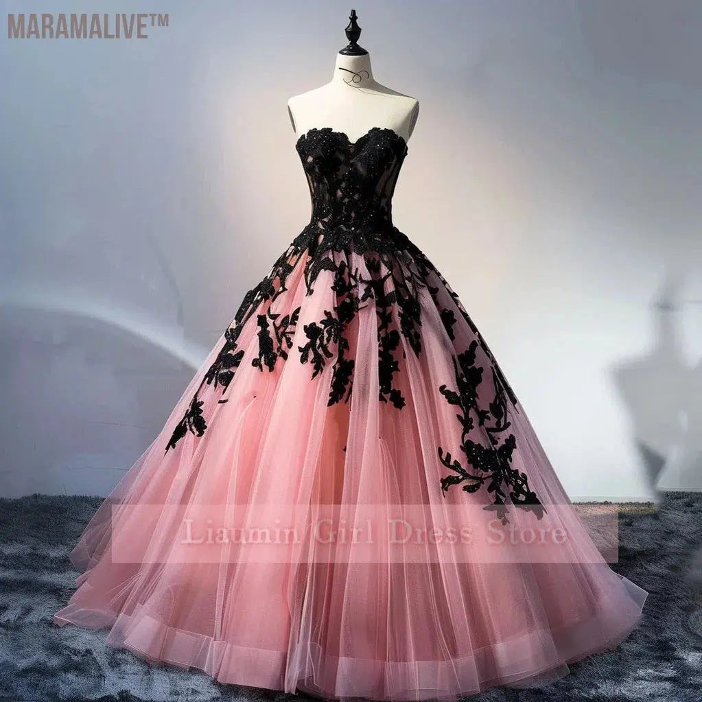 Pink Tulle And Black Applique Strapless Full Length Lace Up Back Formal Prom Evening Dress Brithday Homecoming Clothing W9-10