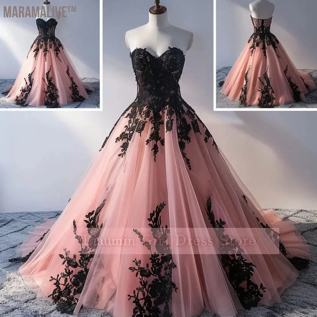 Pink Tulle And Black Applique Strapless Full Length Lace Up Back Formal Prom Evening Dress Brithday Homecoming Clothing W9-10