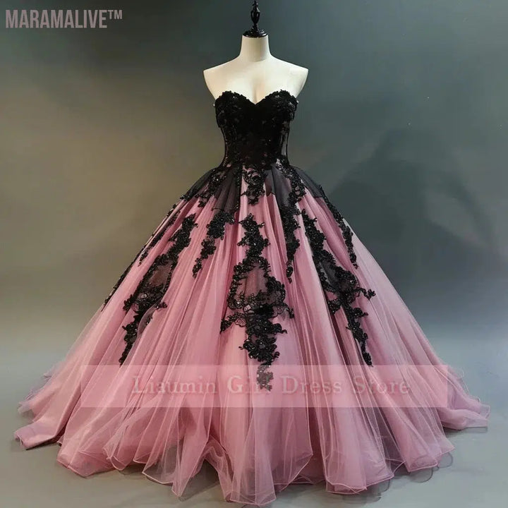 Pink Tulle And Black Applique Strapless Full Length Lace Up Back Formal Prom Evening Dress Brithday Homecoming Clothing W9-10