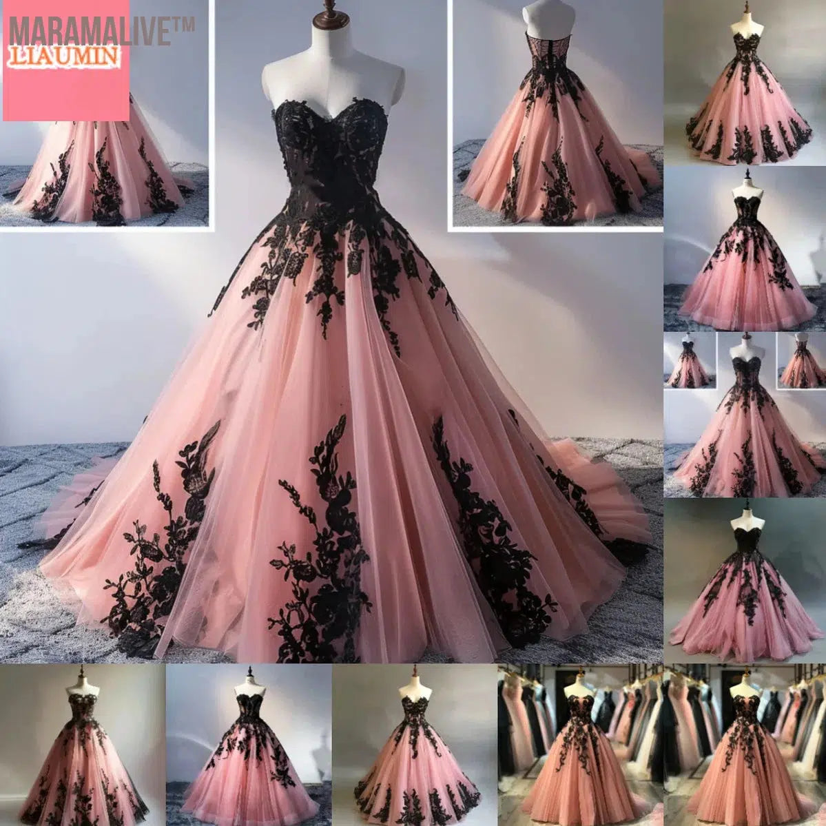 Pink Tulle And Black Applique Strapless Full Length Lace Up Back Formal Prom Evening Dress Brithday Homecoming Clothing W9-10