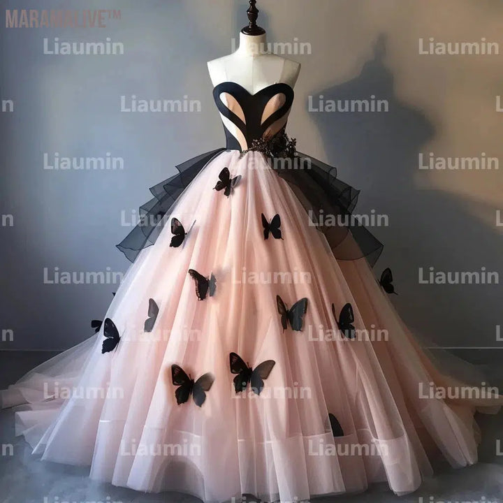 Pink Tulle And Black Butterfly Wedding Dresses Bridal Gowns Floor Length Formal Birthday Party Clothing Hand Made Custom