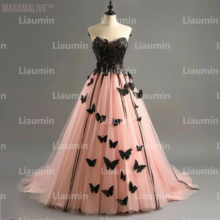 Pink Tulle And Black Butterfly Wedding Dresses Bridal Gowns Floor Length Formal Birthday Party Clothing Hand Made Custom