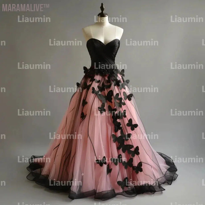 Pink Tulle And Black Butterfly Wedding Dresses Bridal Gowns Floor Length Formal Birthday Party Clothing Hand Made Custom