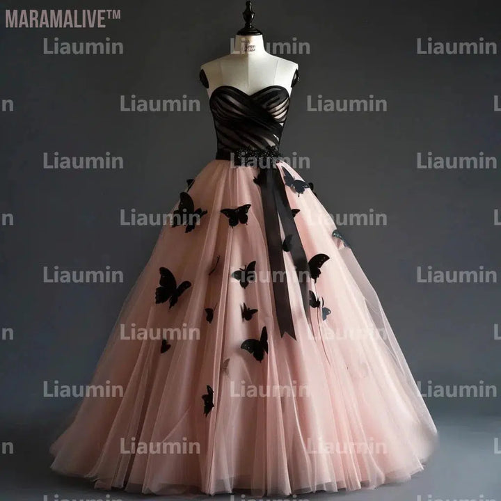 Pink Tulle And Black Butterfly Wedding Dresses Bridal Gowns Floor Length Formal Birthday Party Clothing Hand Made Custom