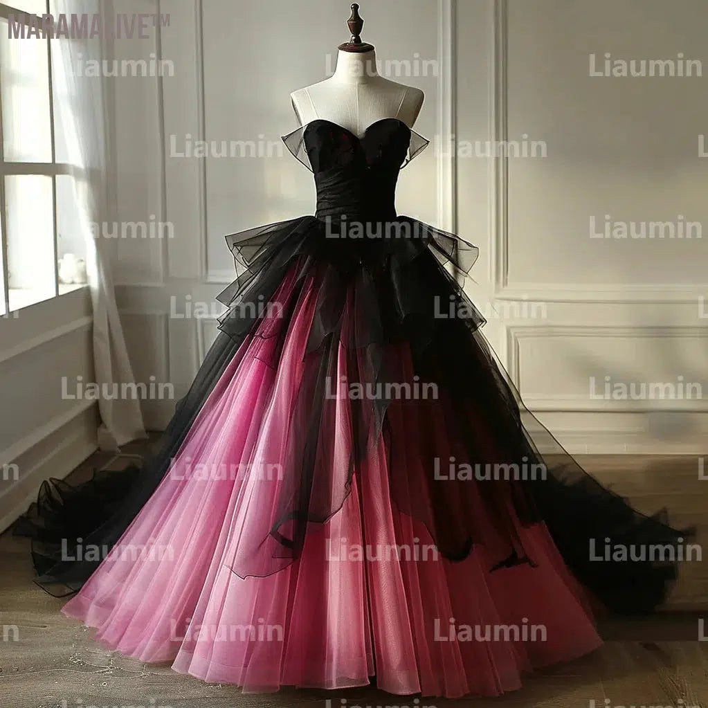 Pink Tulle And Black Butterfly Wedding Dresses Bridal Gowns Floor Length Formal Birthday Party Clothing Hand Made Custom