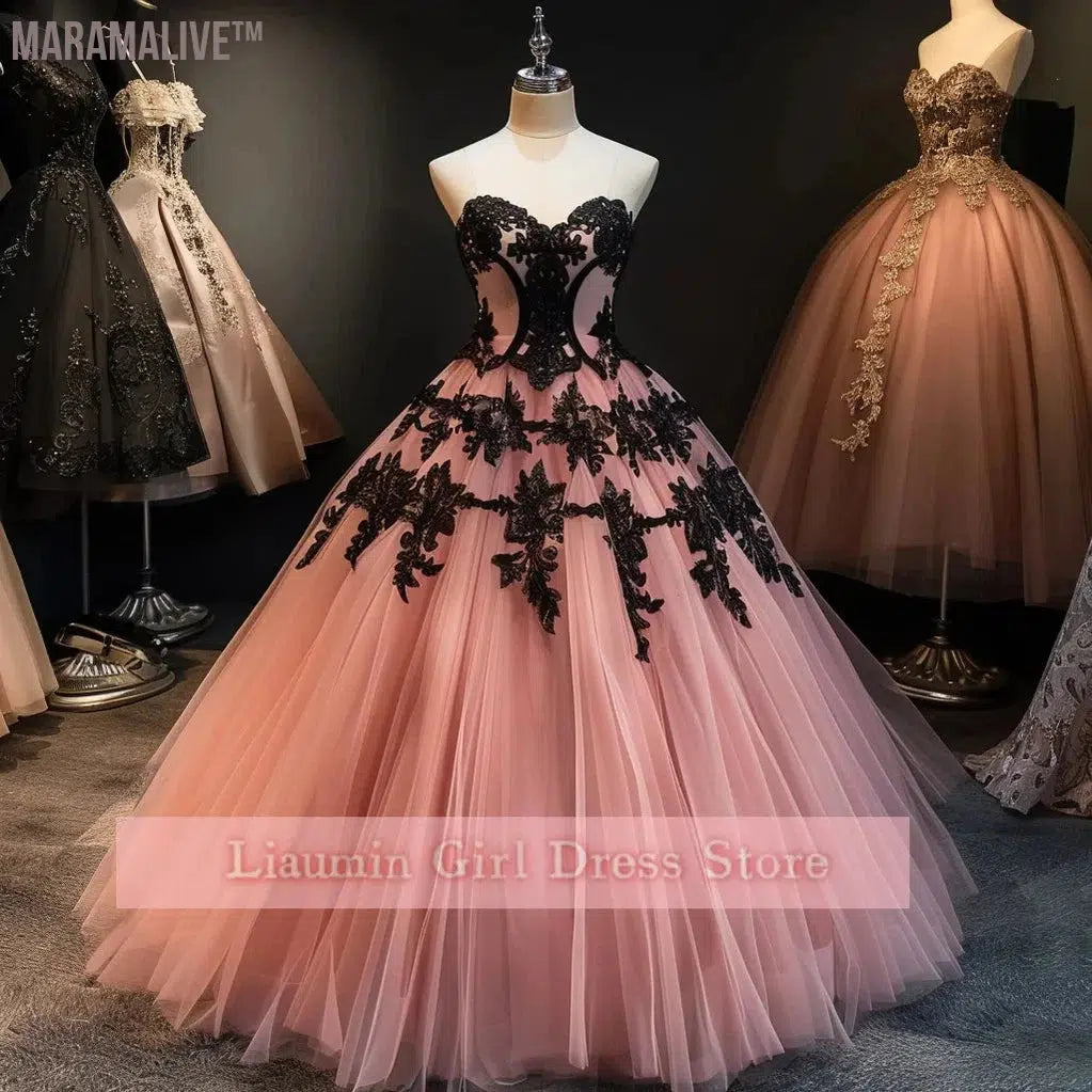 Pink and Black Lace Applique Strapless Ball Gown Full Length Evening Formal Occasion Party Prom Princess Dress Custom W11-14