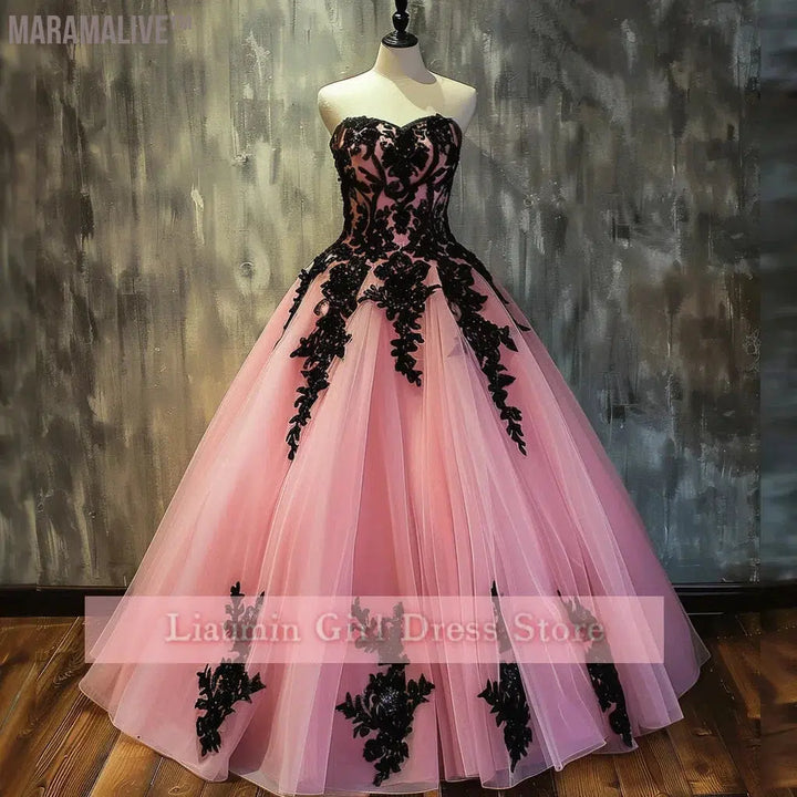 Pink and Black Lace Applique Strapless Ball Gown Full Length Evening Formal Occasion Party Prom Princess Dress Custom W11-14