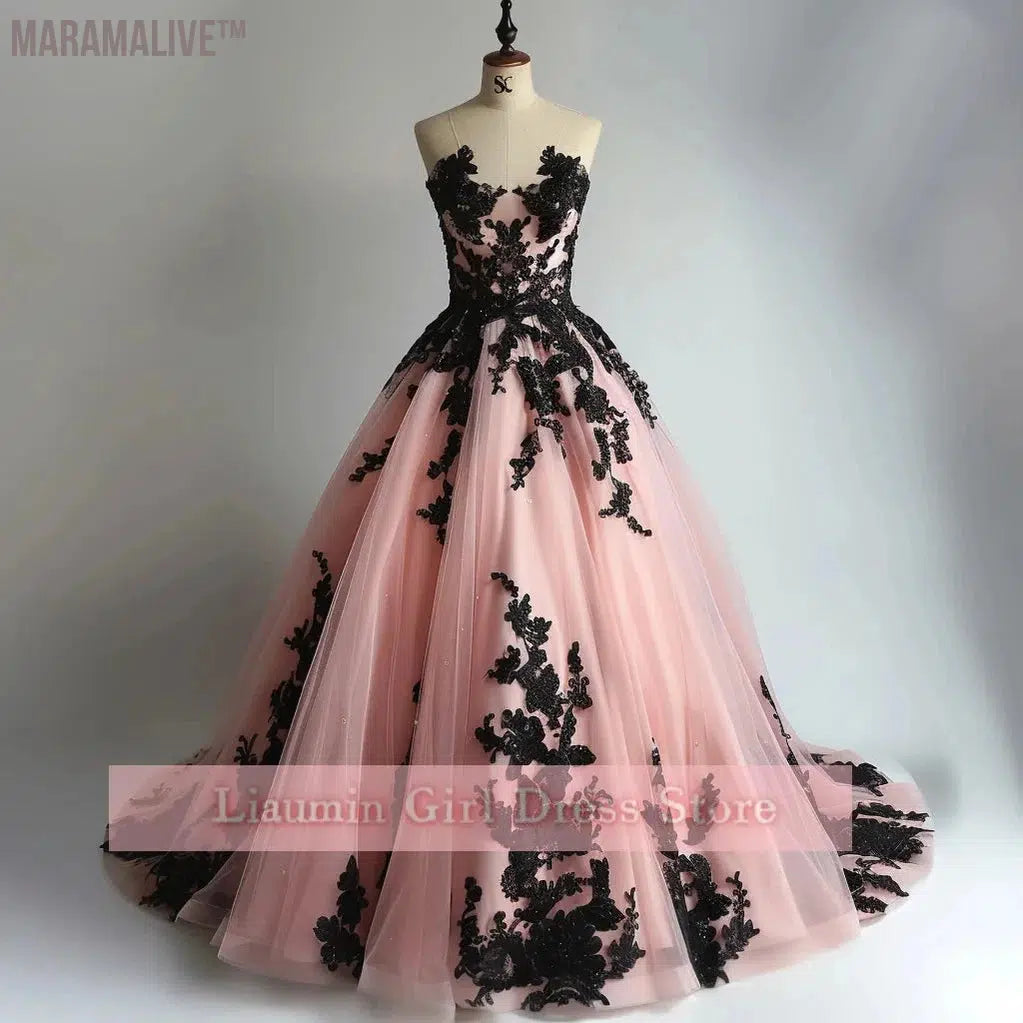 Pink and Black Lace Applique Strapless Ball Gown Full Length Evening Formal Occasion Party Prom Princess Dress Custom W11-14