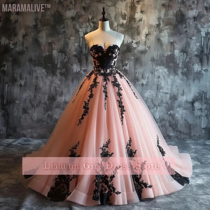 Pink and Black Lace Applique Strapless Ball Gown Full Length Evening Formal Occasion Party Prom Princess Dress Custom W11-14