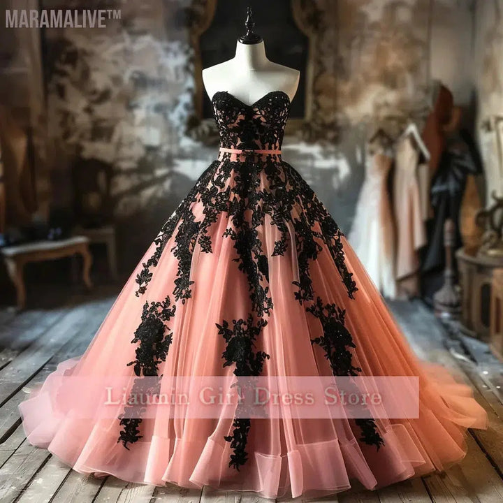 Pink and Black Lace Applique Strapless Ball Gown Full Length Evening Formal Occasion Party Prom Princess Dress Custom W11-14