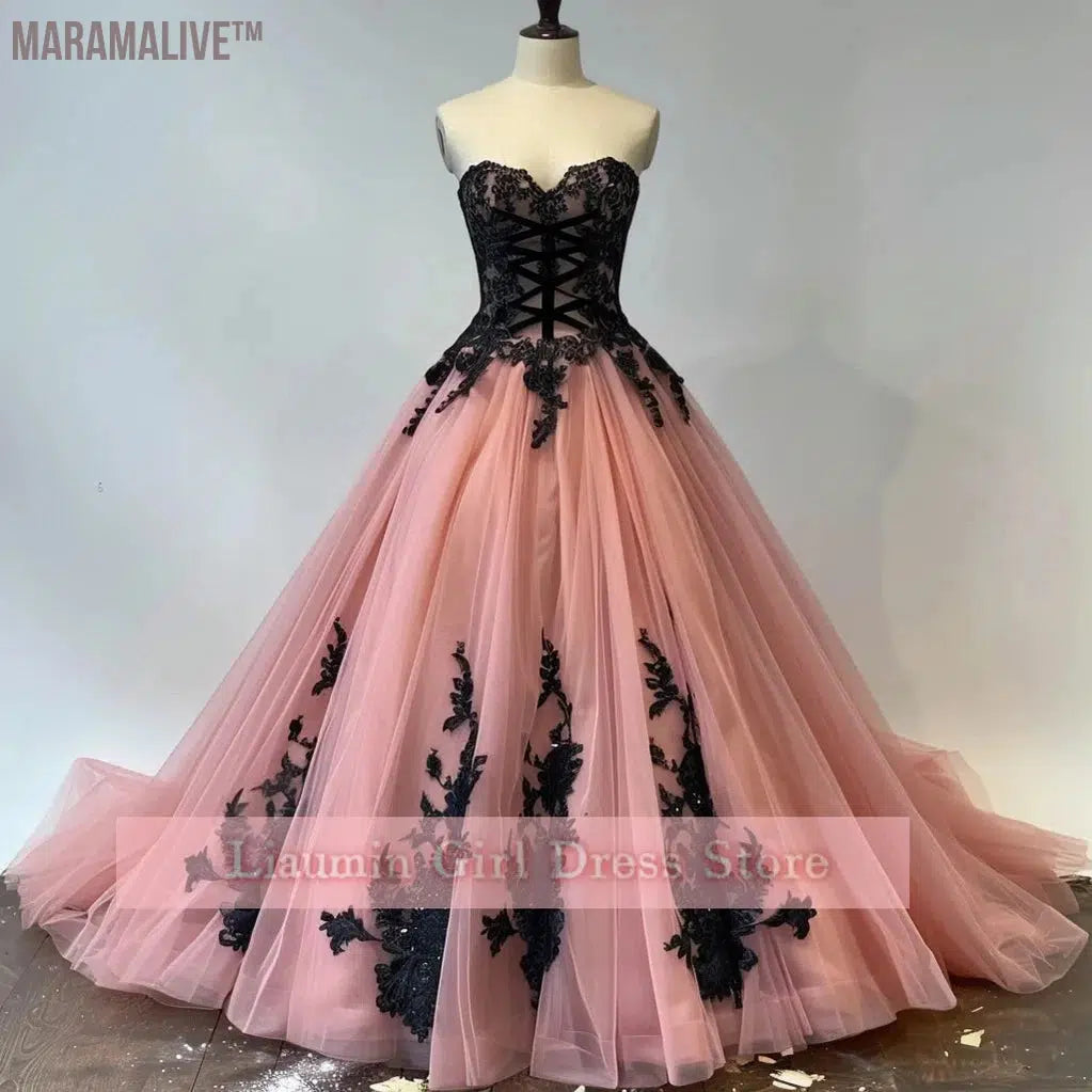 Pink and Black Lace Applique Strapless Ball Gown Full Length Evening Formal Occasion Party Prom Princess Dress Custom W11-14